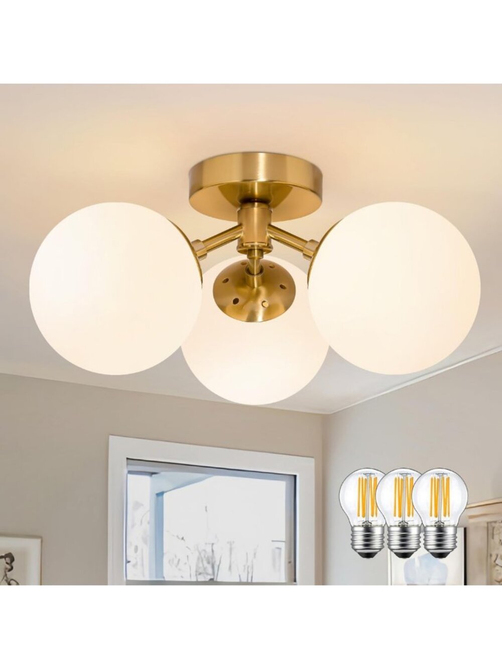 Mid Century Modern 3-Light Gold Globe Semi Flush Mount Ceiling Light Fixture